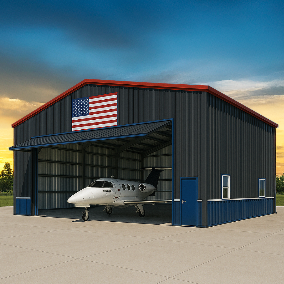 Red, White and Blue Steel Airplane Hangar