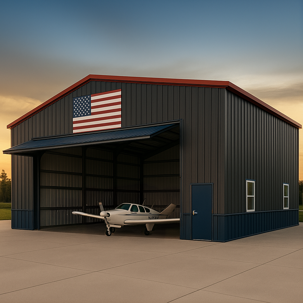 Red, White and Blue Steel Airplane Hangar